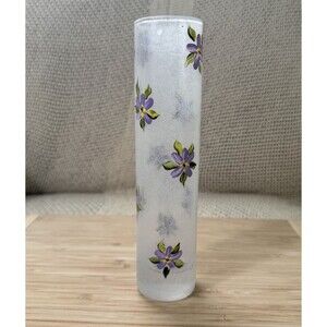 Frosted Glass Floral Vase Hand Painted Purple Flowers Cylinder Bud Vase Decor